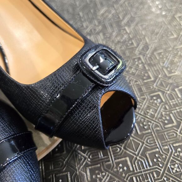 🐢 Cole Haan Black Snake Skin Adjustable Strap  Buckle Open Toed Pump 10B - Picture 3 of 16